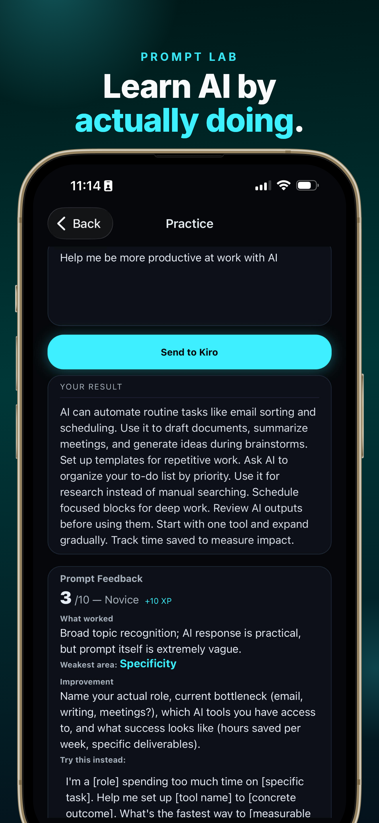 Kiro app: Prompt Lab practice with AI feedback