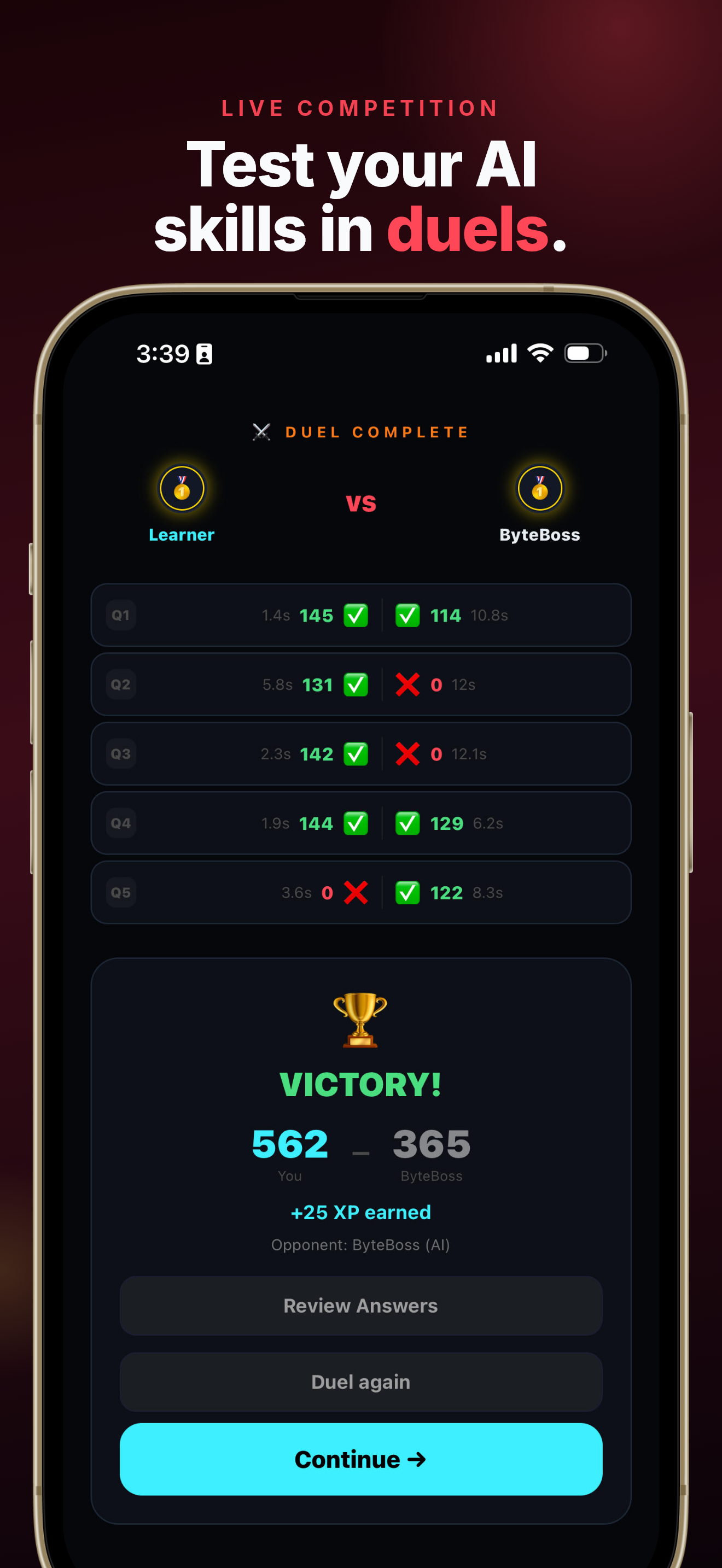 Kiro app: duel victory + XP rewards